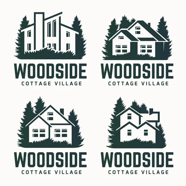 Vector logo design of a trees silhouette and small house. — Stock Vector