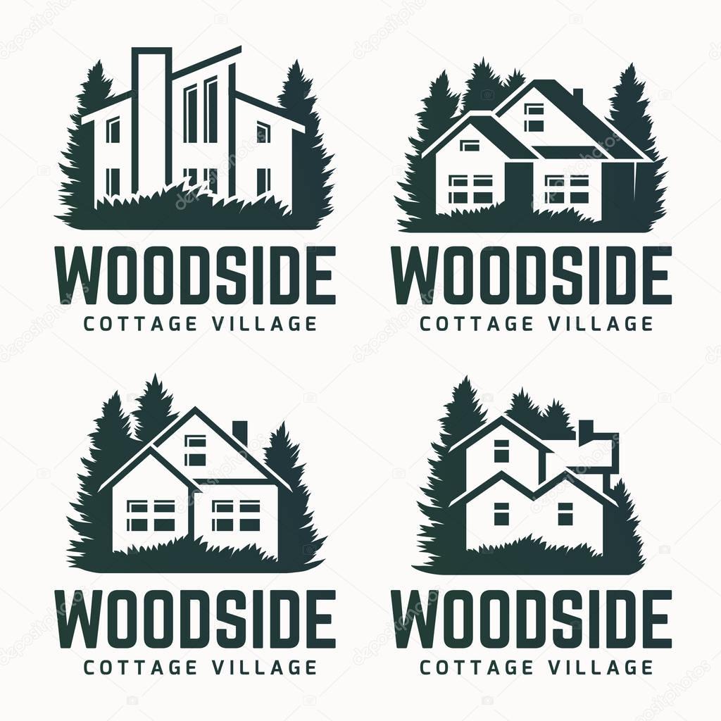 Vector logo design of a trees silhouette and small house.