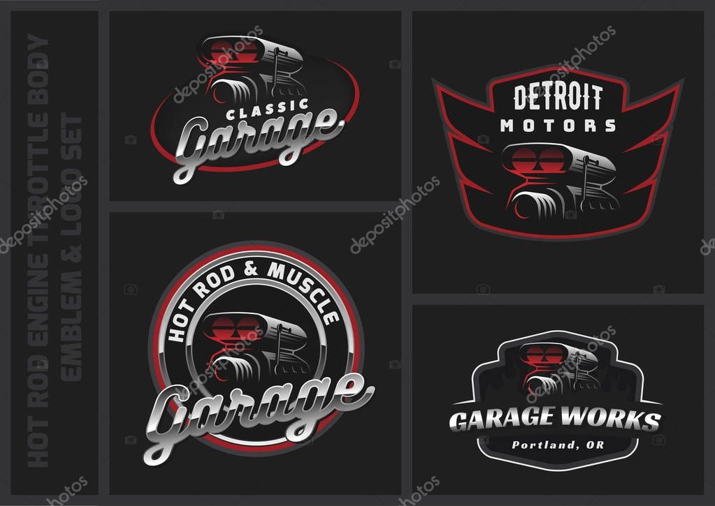Set of retro car logo, emblems or badges. Car air intake and throttle body illustration.