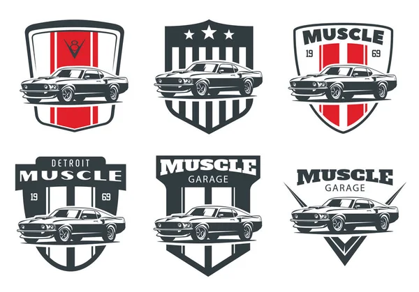 Conjunto de logotipo, emblemas e insignias clásicos de los coches musculares . — Vector de stock