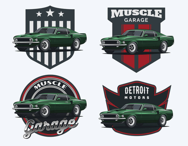 Set of classic muscle car logo, emblems and badges isolated on white background. Old american car from 60s.
