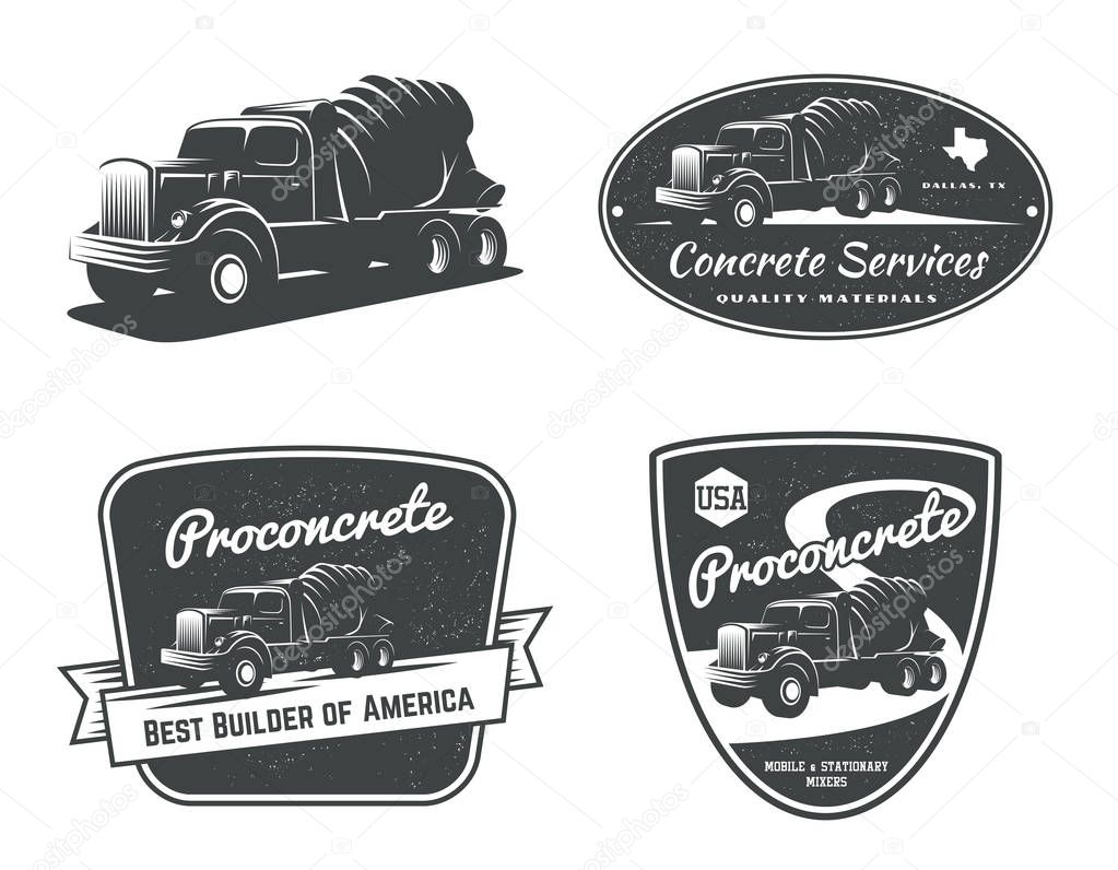 Set of vintage concrete mixer truckand construction equipment logo, emblems and bages isolated on white background.
