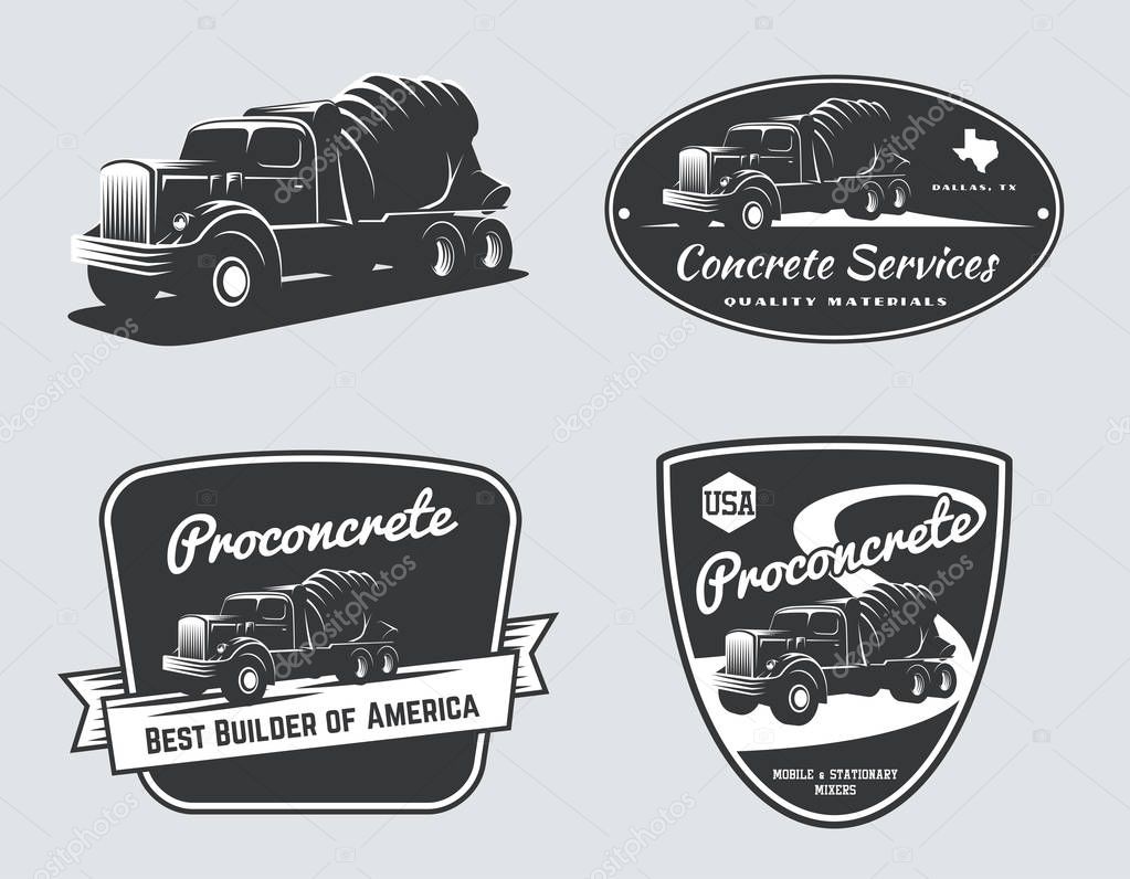 Set of vintage concrete mixer truckand construction equipment logo, emblems and bages isolated on white background.