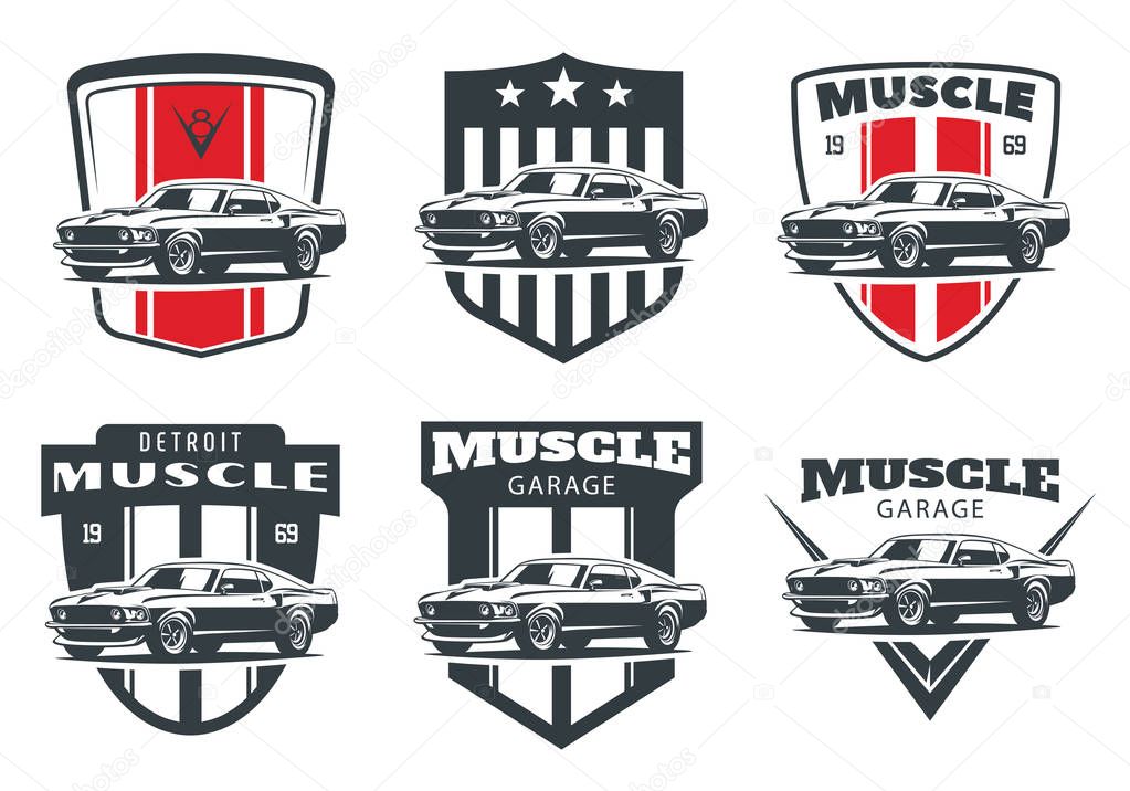 Set of classic muscle car logo, emblems and badges.