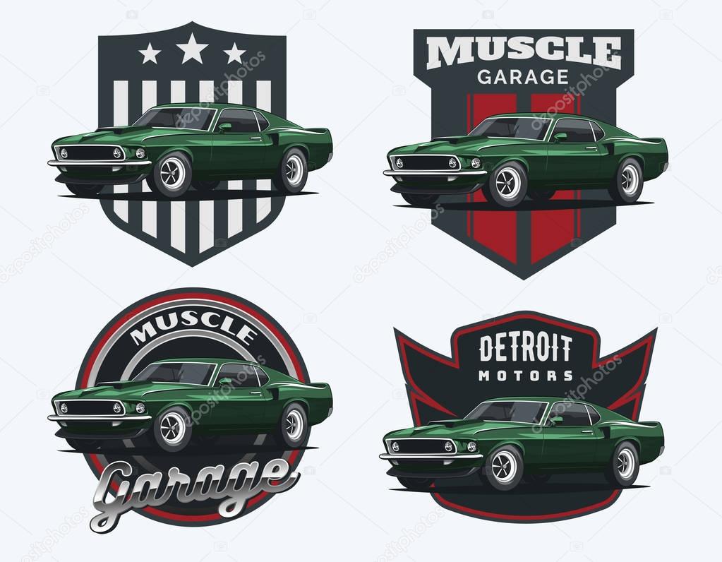 Set of classic muscle car logo, emblems and badges isolated on white background. Old american car from 60s.