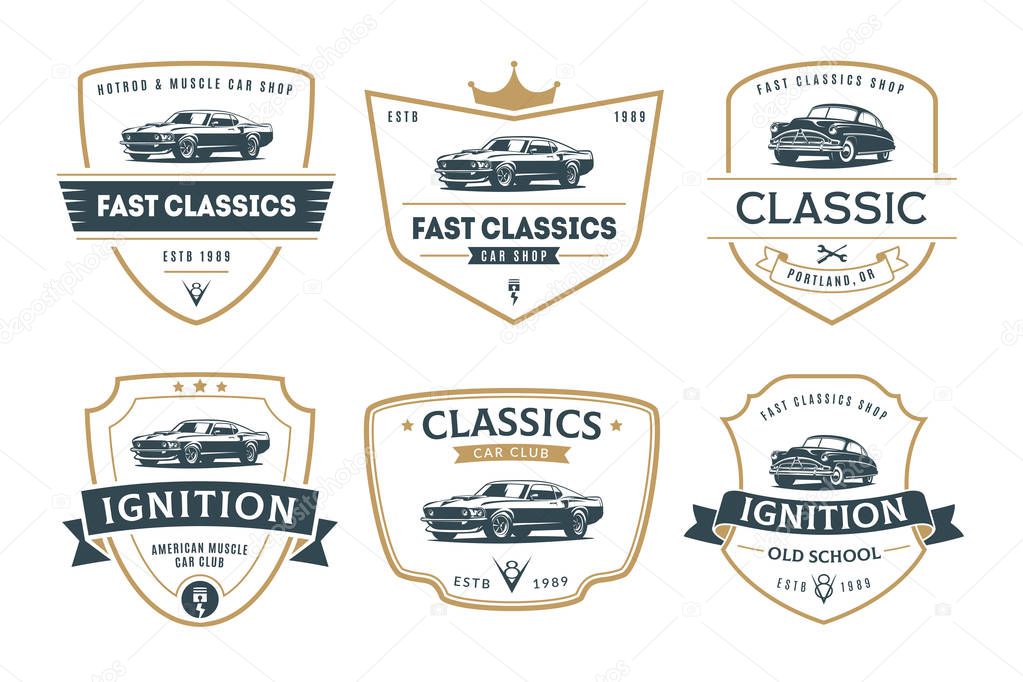 Set of muscle car emblems and badges. Classic car t-shirt templa