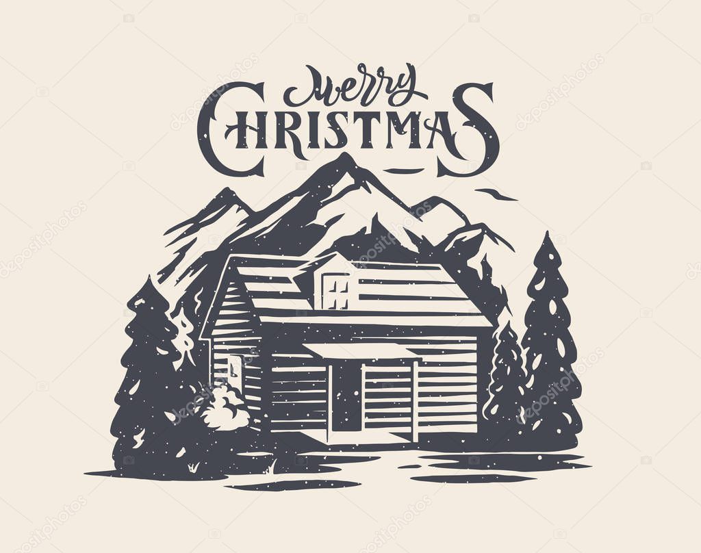 Merry Christmas greeting card design with old house in forest and mountains.