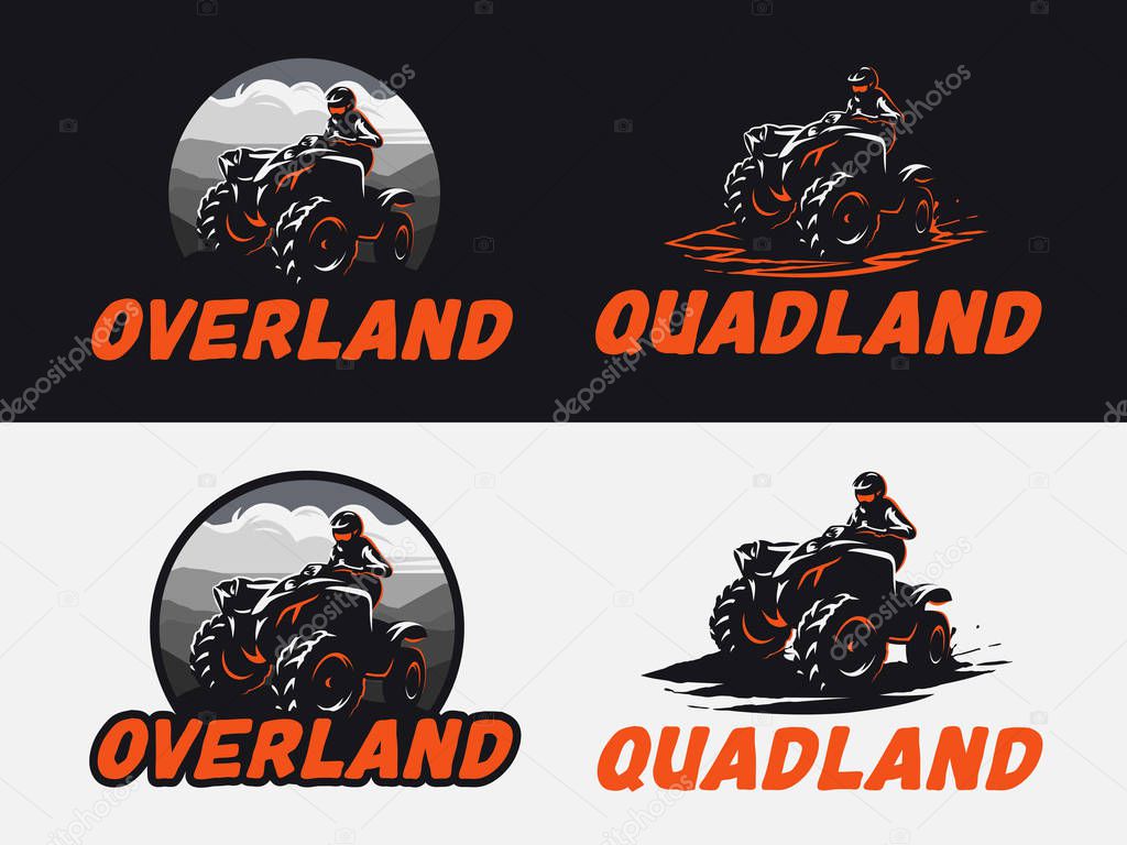 Set of ATV vehicle logo and emblems isolated on white and black background. All-terrain off-road 4x4 quad illustration.
