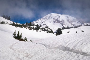 Mount Rainier ile karla kaplı bir göl ön planda