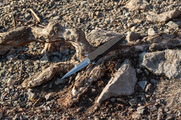 Ein Messer am Haken. Messer auf dem Hintergrund der Wurzel und der Steine. — Stockfoto