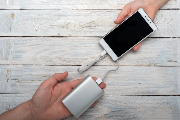 Man Person Charges Smartphone Smartphone Power Bank Hand Top — Stock Photo, Image