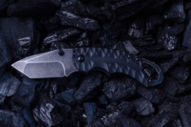 Köşede küçük bir çakı var. Katlanan bir bıçağın desenli sapı. Üst.