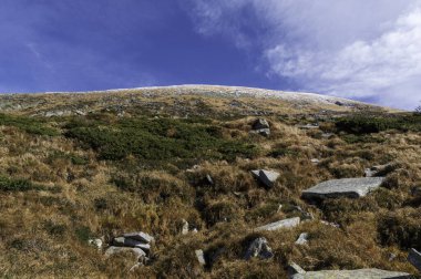Dağın tepesine aşağıdan bak. Dağlara bakıyorum..