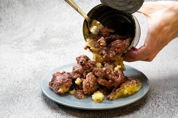 Carne Enlatada Una Lata Hierro Saca Carne Lata Sostén Frasco — Foto de Stock