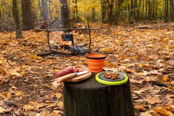 Rest in the park by the fire. Snacks and a drink in the park on the nature. Colored silicone dishes for tourists.