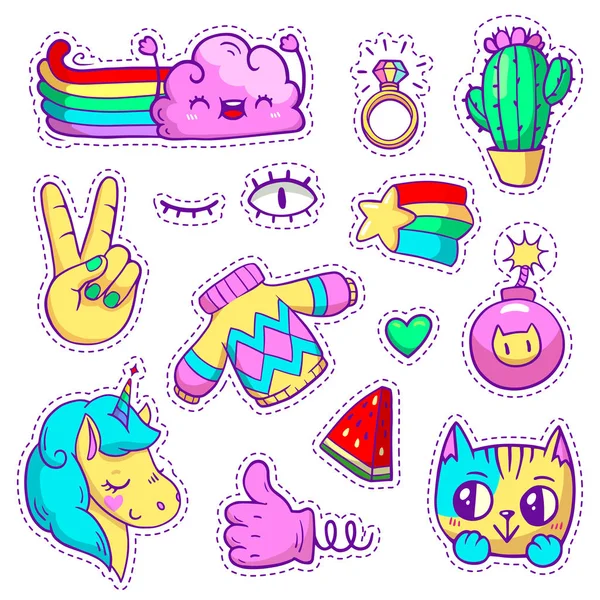 Hand-drawn stickers, pins in cartoon 80s-90s comics style — Stock Vector