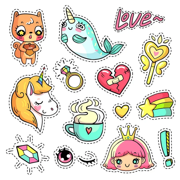 Colorful vector patch badges with animals, characters and things — Stock Vector