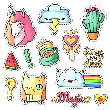 Yama rozetleri ve karikatür hayvanlar, gıda ve şeyler ile toplu iğneler