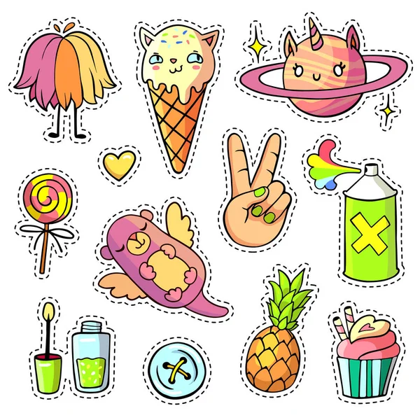 Patch badges and pins with cartoon animals, food and things Stock Illustration