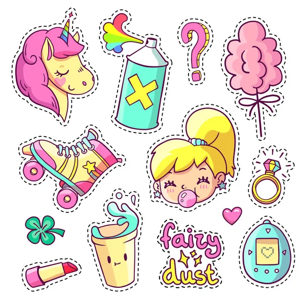 Cool stickers set in 80s-90s pop art comic style Stock Illustration