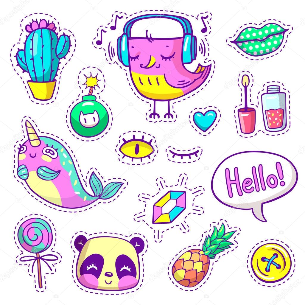 Neon hand-drawn stickers, pins in cartoon 80s-90s comics style