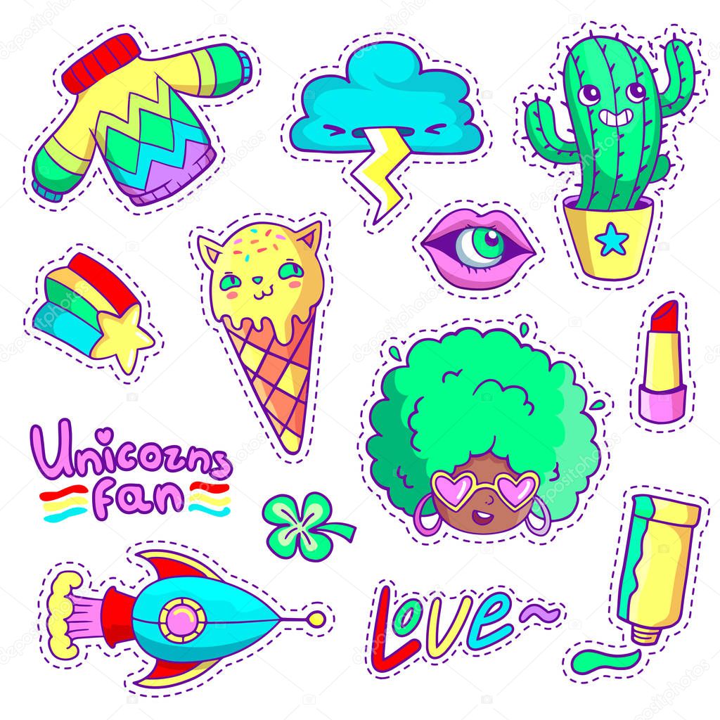Cool stickers set in 80s-90s pop art style