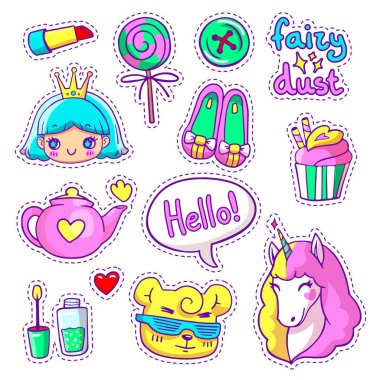 Neon vektör yama rozetleri ile hayvan, karakterler ve şeyler