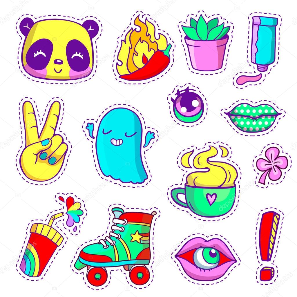 Cool neon stickers set in 80s90s pop art comic style — Stock Vector