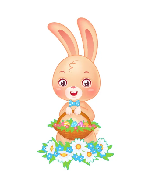 Cute little easter bunny with basket full of eggs in vector — Stock Vector