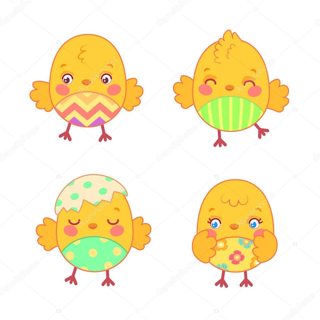 Set with cute cartoon chickens with painted belly in vector
