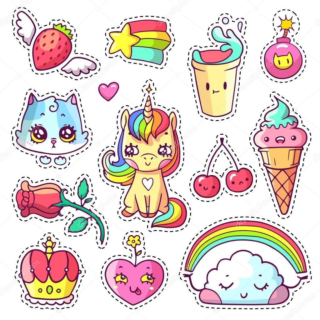 Cool girlish stickers set in 80s-90s pop art comic style