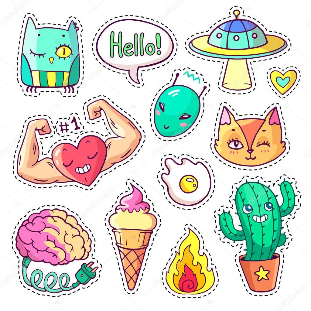 Cool set of stickers in 80s-90s pop art style. Trendy patch badges and pins with cartoon characters, animals, food and things. Vector doodles with muscular heart, strange cactus, alien etc.