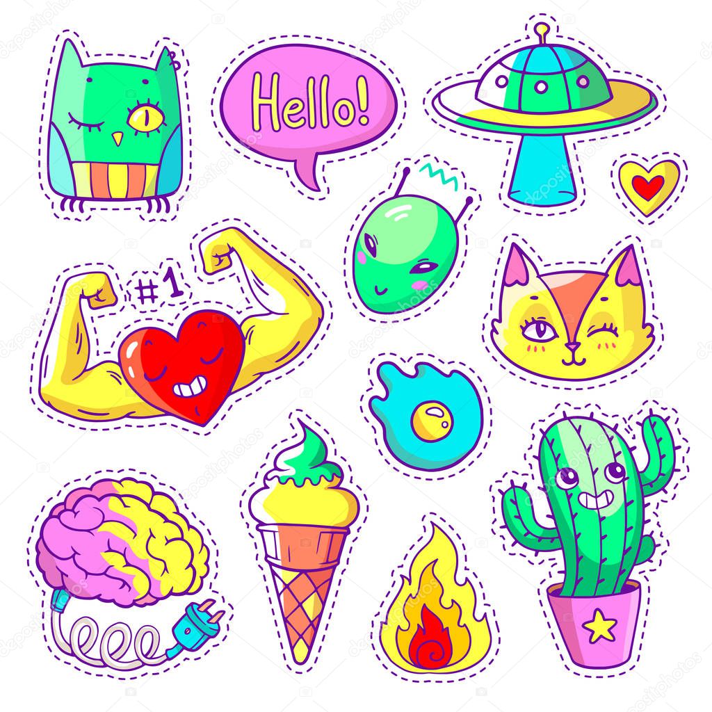 Cool set of stickers in 80s-90s pop art style. Neon trendy patch badges and pins with cartoon characters, animals, food and things. Vector doodles with muscular heart, strange cactus, alien etc.