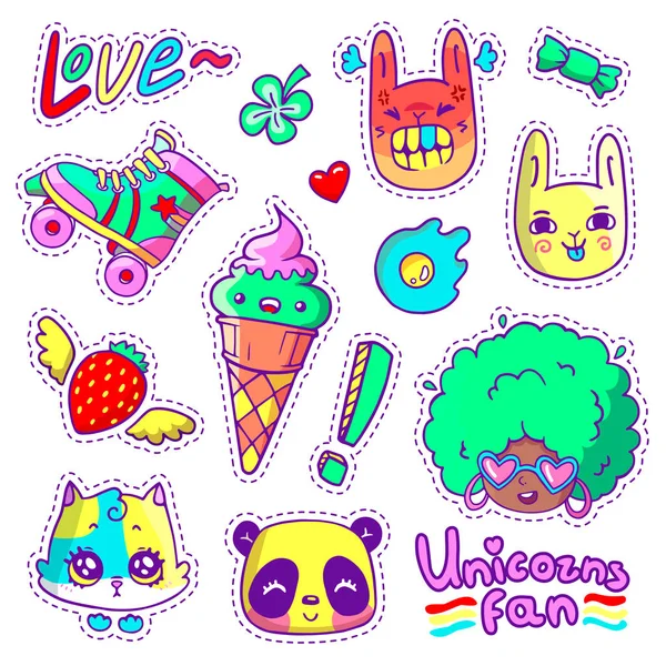 Neon vector patch badges with animals, characters and things — Stock Vector