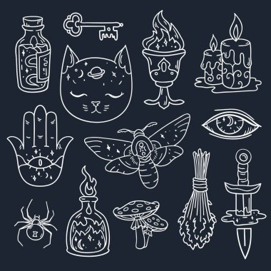 Sihirli özellikleri ve Cadılar Bayramı için şeyler vektör ile serin kümesi. 