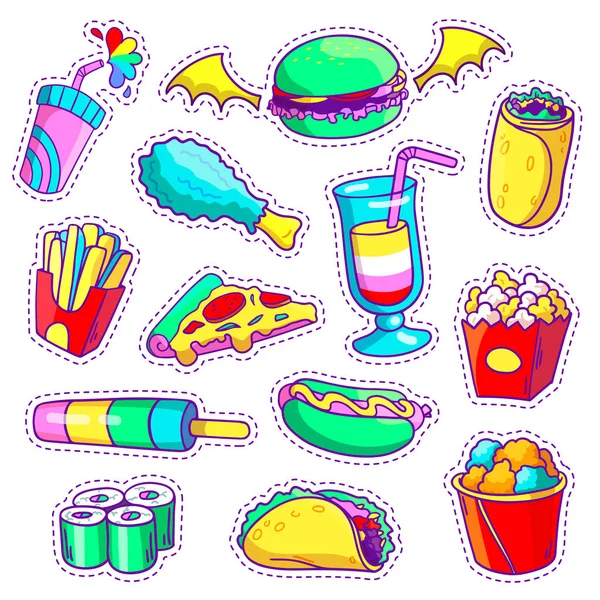 Neon cartoon set of fast food patch badges in pop art style. — Stock Vector