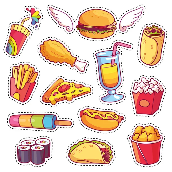 Fresco set di cartoni animati di badge patch fast food in stile pop art . — Vettoriale Stock