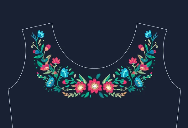 Design de bordado floral vetorial para decote — Vetor de Stock