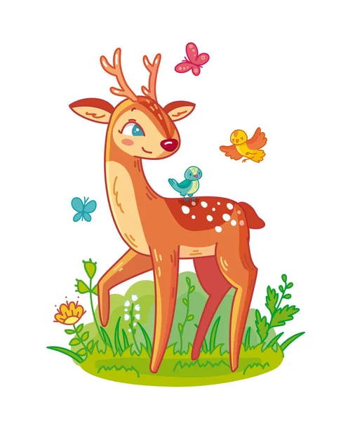 Милый олень с рогами, стоящий на траве с птицами и бабочками — стоковый вектор