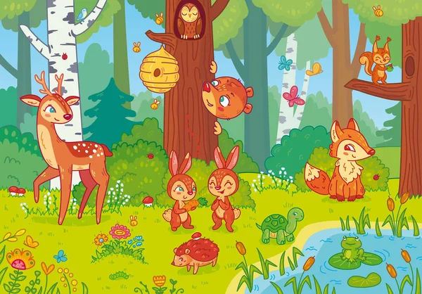 Illustrazione vettoriale con simpatici animali della foresta in stile cartone animato — Vettoriale Stock