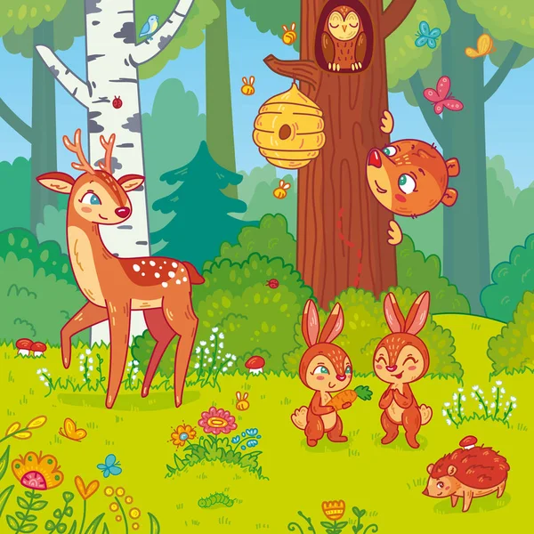 Vektorillustration mit niedlichen Waldtieren im Cartoon-Stil — Stockvektor