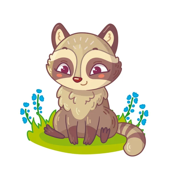 Lindo mapache sentado en la hierba con flores — Vector de stock