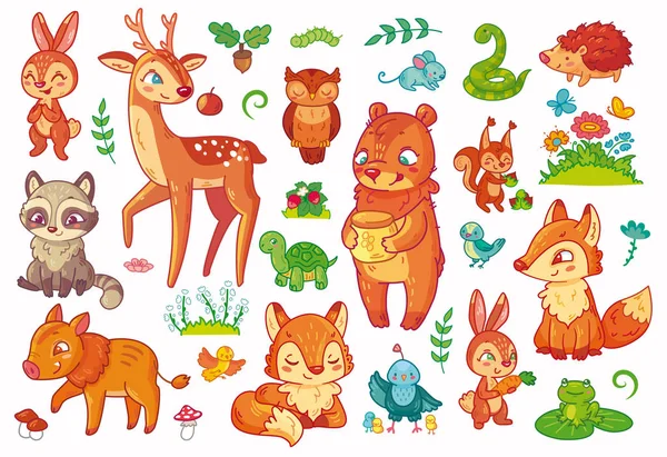 Coleção de diferentes animais da floresta de desenhos animados no vetor —  Vetores de Stock