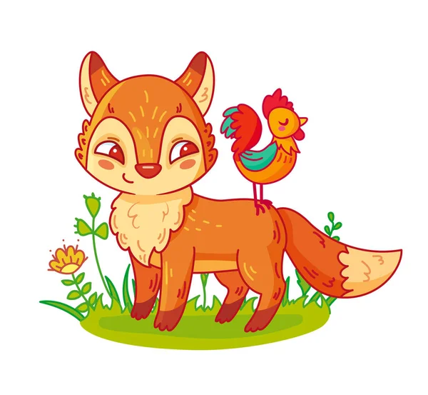 Schattige cartoon fox en Haan — Stockvector