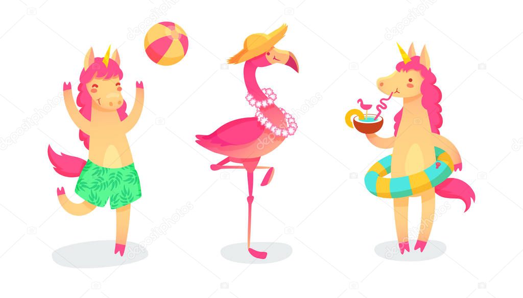 Cool set with unicorns and flamingo on summer holidays.