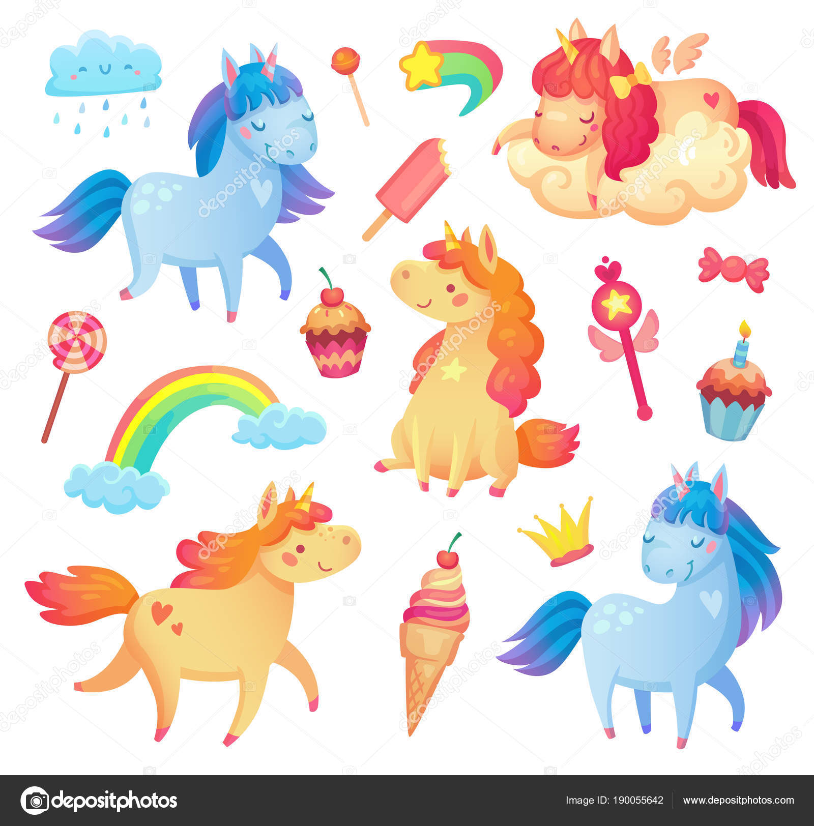 Set of cute cartoon unicorns in different poses with sweets and objects Stock Vector Image by ©Ksania #190055642 Set of cute cartoon unicorns in different poses with sweets and objects Stock Vector Image by ©Ksania #190055642