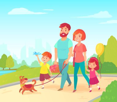 Mutlu genç aile - baba, anne, kızı ve oğlu - Park ile onların köpek yürüyüş