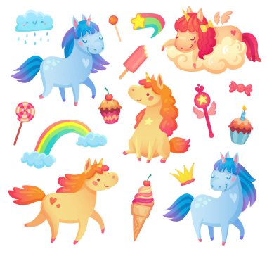 Set of cute cartoon unicorns in different poses with sweets and objects clipart