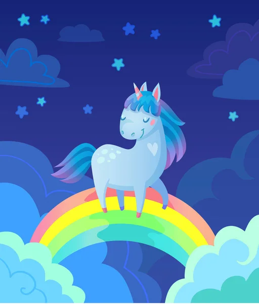 Cute vector illustration of unicorn on rainbow in night sky with stars — Stock Vector