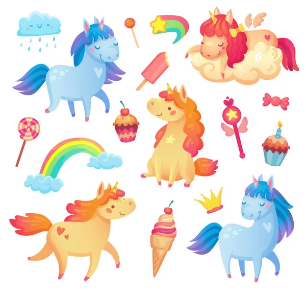 Set di simpatici unicorni dei cartoni animati in pose diverse con dolci e oggetti — Vettoriale Stock